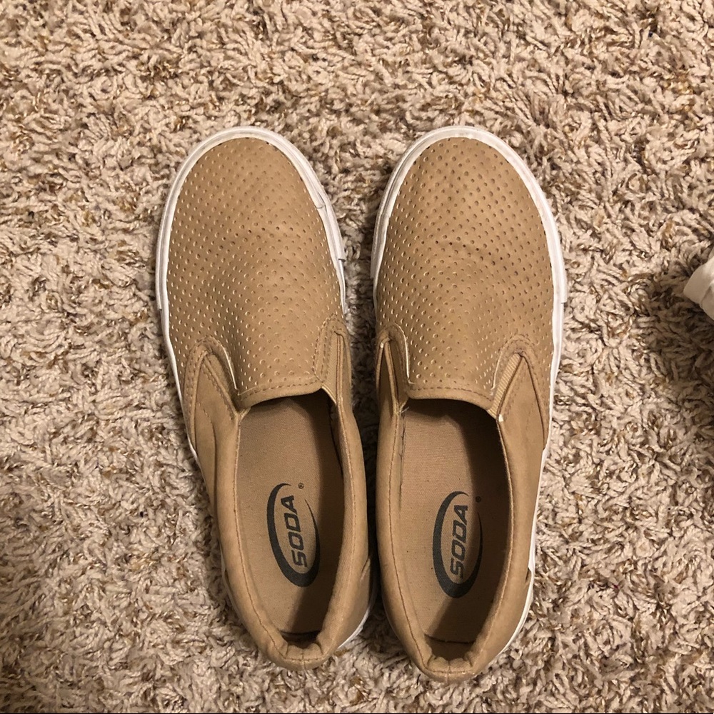 SODA tan slip ons